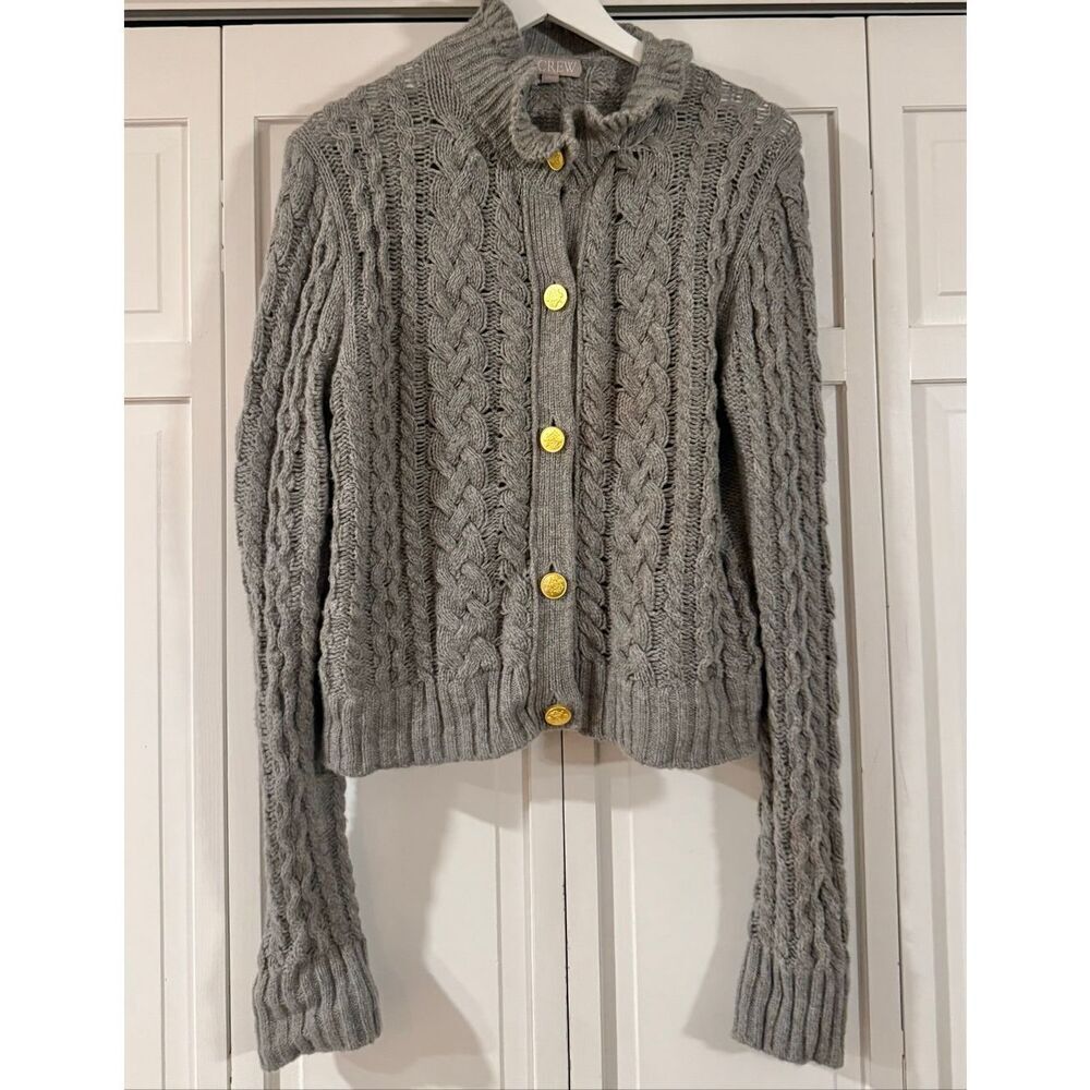 J.Crew grey ruffle neck cableknit cardigan sweater wool blend large - Picture 3 of 13
